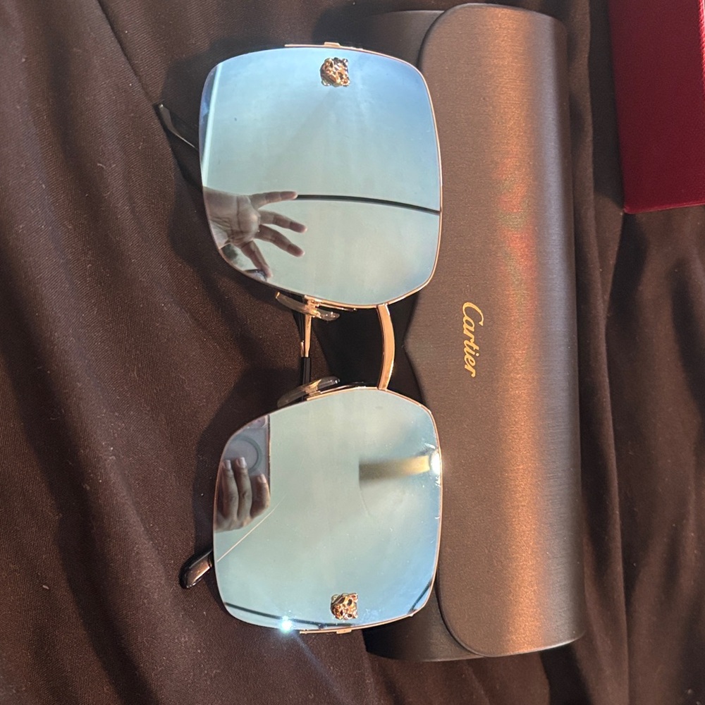 Cartier Women's Square Sunglasses with Blue Mirrored Lenses and Gold Accents